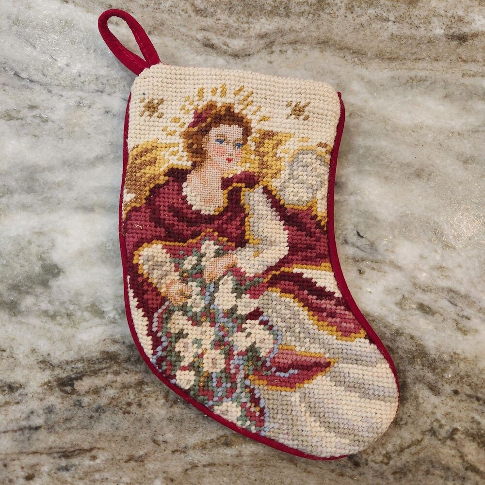 Vintage Needlepoint Victorian Angel Christmas Stocking Red Velvet Back Wings 8"